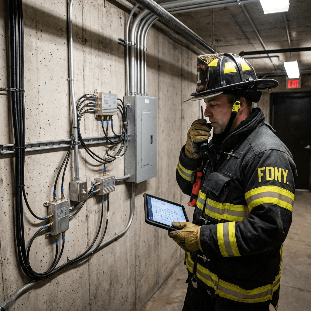 Firefighter inspecting DAS equipment and first responder radio coverage system